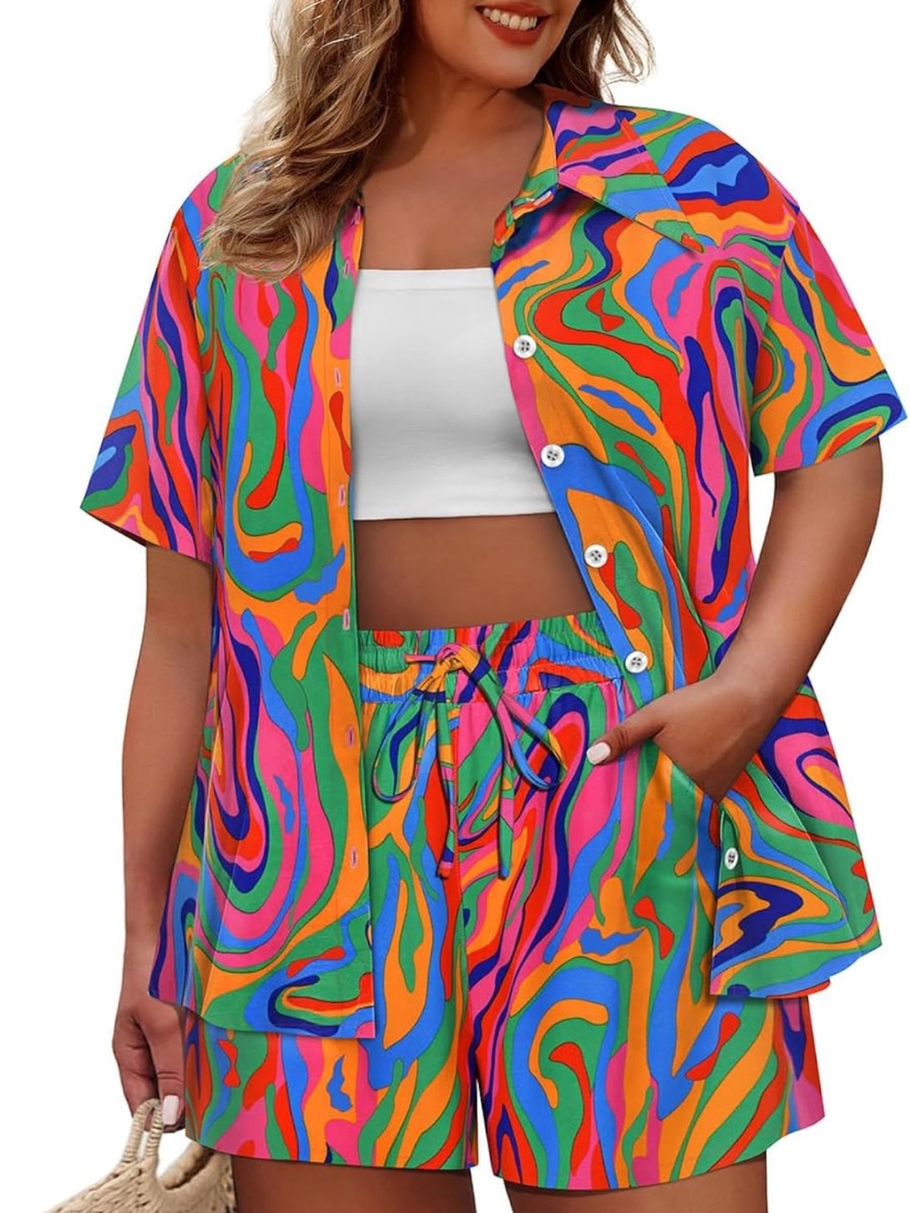 Women's Multicolor Swirl Button-Up Shirt & Shorts Set